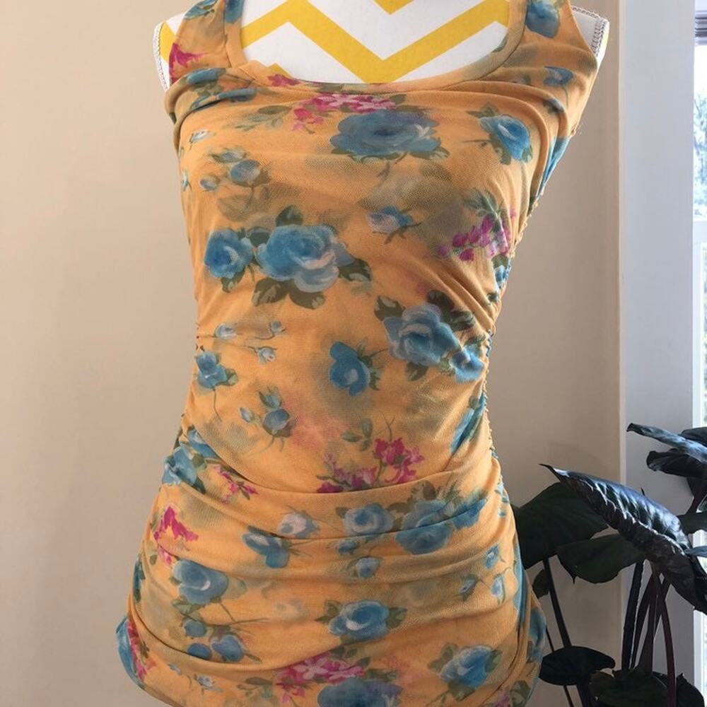 Vintage Y2K Yellow Floral Mesh Top Women Small Sleeveless Ruching Sweet Pea TAGS